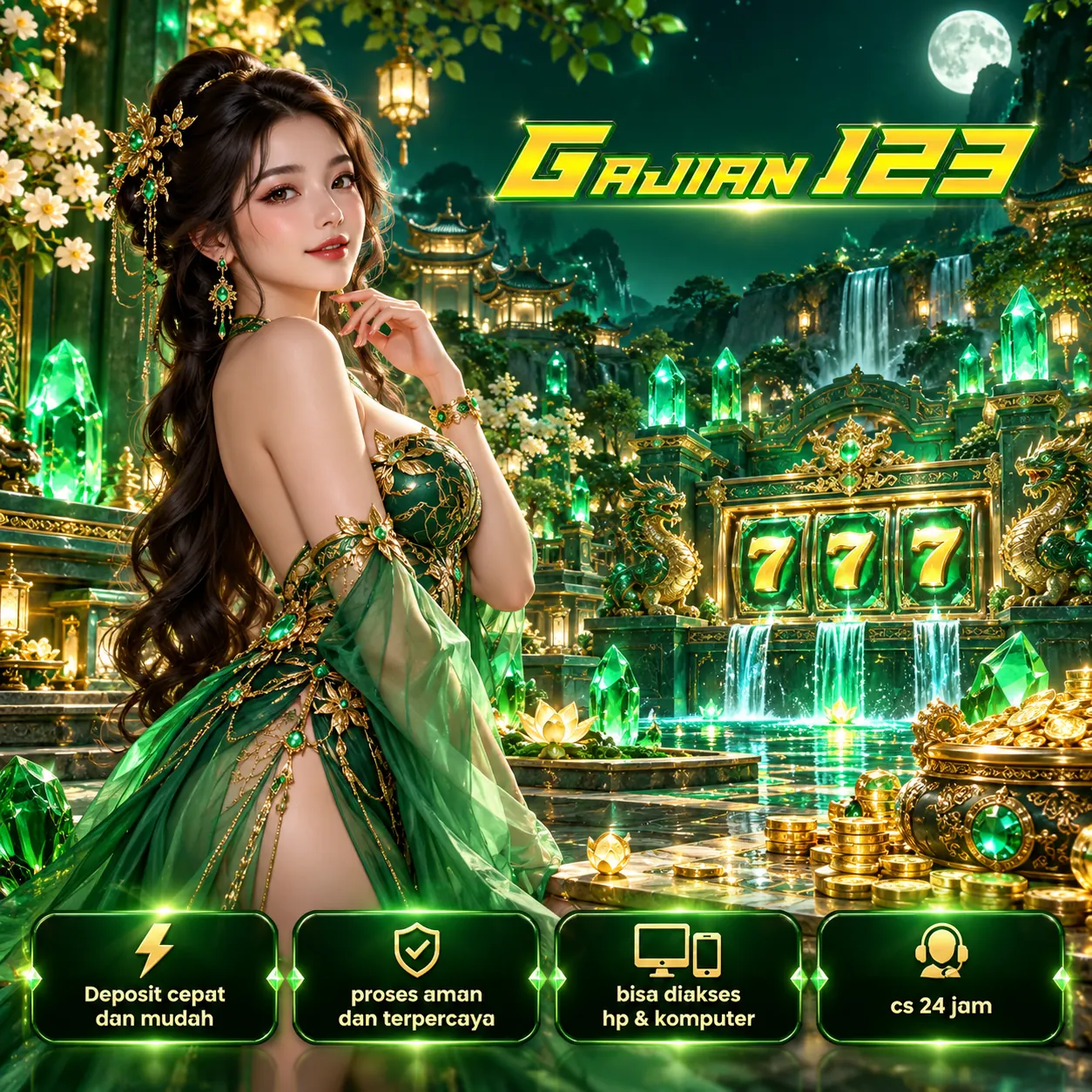 Banner GAJIAN123 3 ornamen emas dan nuansa premium